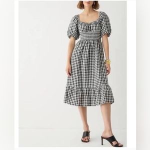 Jcrew Smocked-waist puff-sleeve midi dress in gingham linen